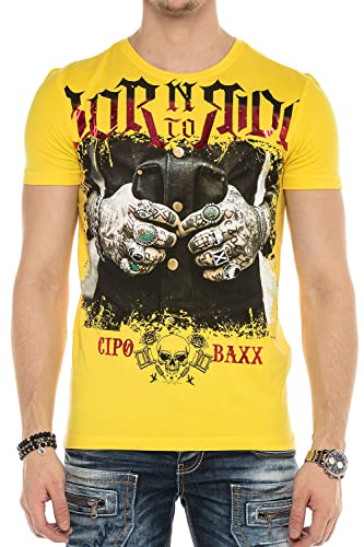 Cipo & Baxx Herren T-Shirt Auffällig Print Rundhals Kurzarm Sommershirt CT542 Gelb S von Cipo & Baxx