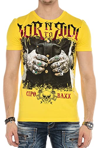 Cipo & Baxx Herren T-Shirt Auffällig Print Rundhals Kurzarm Sommershirt CT542 Gelb XL von Cipo & Baxx