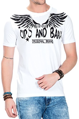 Cipo & Baxx Herren T-Shirt Baumwolle Print Rundhals Kurzarm Freizeitshirt Steinbesatz CT411 Weiß L von Cipo & Baxx