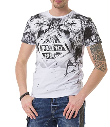 Cipo & Baxx Herren T-Shirt Baumwolle Rundhals Brustprint Kurzarm Freizeitshirt CT701 Weiß M von Cipo & Baxx
