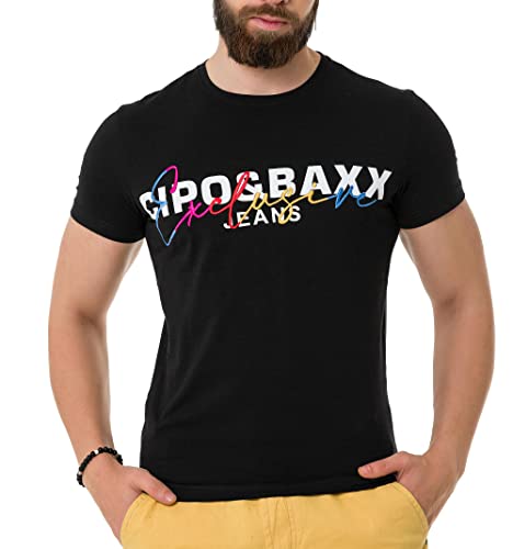 Cipo & Baxx Herren T-Shirt Baumwolle Rundhals Stickerei Kurzarm CT712 Schwarz L von Cipo & Baxx