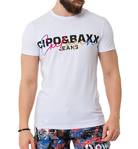 Cipo & Baxx Herren T-Shirt Baumwolle Rundhals Stickerei Kurzarm CT712 Weiß L von Cipo & Baxx