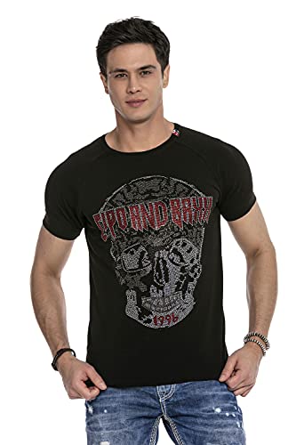 Cipo & Baxx Herren T-Shirt Casual Skull Motiv Totenkopf Kurzarm Strasssteinen Shirt CT655 Schwarz S von Cipo & Baxx