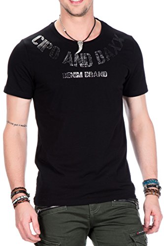 Cipo & Baxx Herren T-Shirt Dezent Basic Frontprint Sommer Baumwolle CT413 Schwarz S von Cipo & Baxx