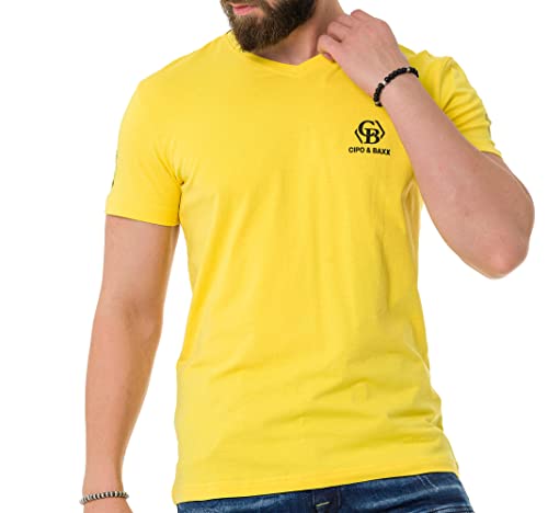 Cipo & Baxx Herren T-Shirt Freizeit Baumwolle Kurzarm V-Ausschnitt Logo-Print Shirt CT740 Gelb XL von Cipo & Baxx