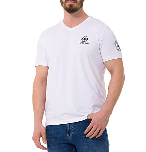 Cipo & Baxx Herren T-Shirt Freizeit Baumwolle Kurzarm V-Ausschnitt Logo-Print Shirt CT740 White XL von Cipo & Baxx
