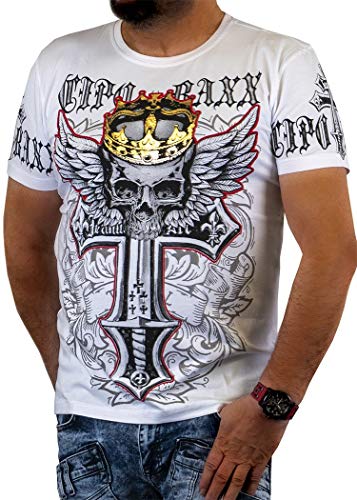 Cipo & Baxx Herren T-Shirt Freizeit Baumwolle Print Rundhals Kurzarm Shirt CT567 Weiß S von Cipo & Baxx