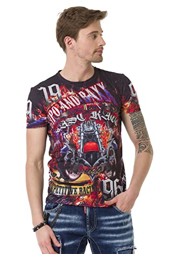 Cipo & Baxx Herren T-Shirt Freizeit Kurzarm Print Ausgefallen Rundhals Alloverprint Shirt CT680 Schwarz S von Cipo & Baxx