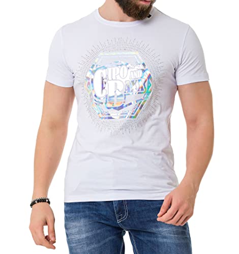 Cipo & Baxx Herren T-Shirt Glänzend Neondruck Strasssteinen Kurzarm CT720 Weiß XL von Cipo & Baxx