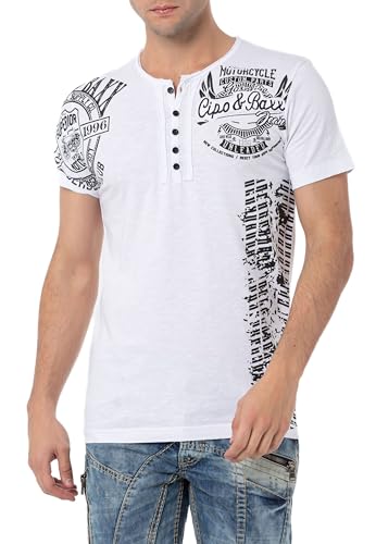 Cipo & Baxx Herren T-Shirt Henley Knopfleiste Rundhalsausschnitt Print Baumwolle CT789 Weiß XXL von Cipo & Baxx