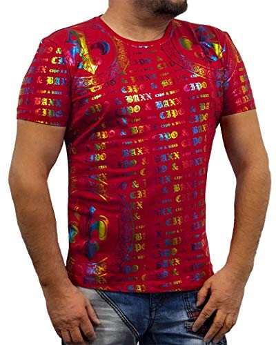 Cipo & Baxx Herren T-Shirt Hologrammlogoprint Glänzend Rundhals Kurzarm CT547 Rot L von Cipo & Baxx