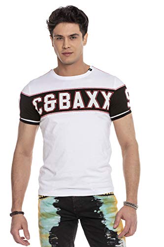 Cipo & Baxx Herren T-Shirt Kurzarm Farbblock Streifen Print Schrift Rundhals Shirt Klassisch CT631 Weiß L von Cipo & Baxx