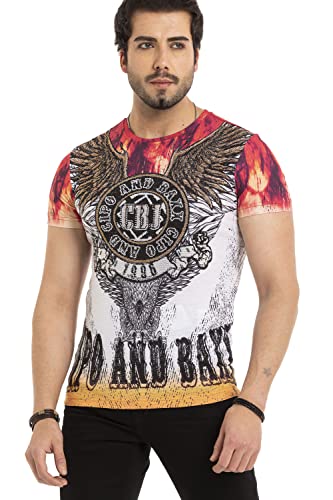 Cipo & Baxx Herren T-Shirt Kurzarm Print Rundhals Strasssteine CT665 Weiß S von Cipo & Baxx