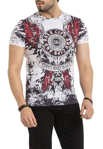 Cipo & Baxx Herren T-Shirt Kurzarm Print Rundhals Strasssteine CT666 Weiß S von Cipo & Baxx