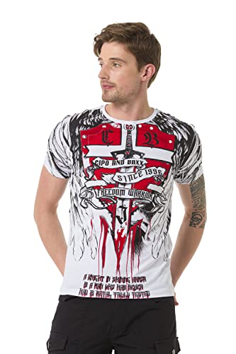 Cipo & Baxx Herren T-Shirt Kurzarm Strasssteine Rundhals Print Baumwolle Freizeit Shirt CT673 Weiß L von Cipo & Baxx