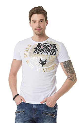 Cipo & Baxx Herren T-Shirt Löwen Print Kurzarm Strasssteinen Streetwear Rundhals Party Freizeit Shirt CT676 White M von Cipo & Baxx