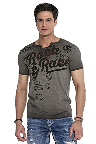 Cipo & Baxx Herren T-Shirt Print Batik Design Kurzarmshirt V-Ausschnitt CT646 Anthracite S von Cipo & Baxx