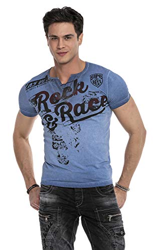 Cipo & Baxx Herren T-Shirt Print Batik Design Kurzarmshirt V-Ausschnitt CT646 Blau S von Cipo & Baxx