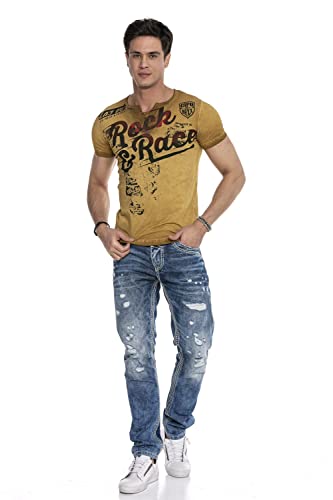 Cipo & Baxx Herren T-Shirt Print Batik Design Kurzarmshirt V-Ausschnitt CT646 Mustard M von Cipo & Baxx