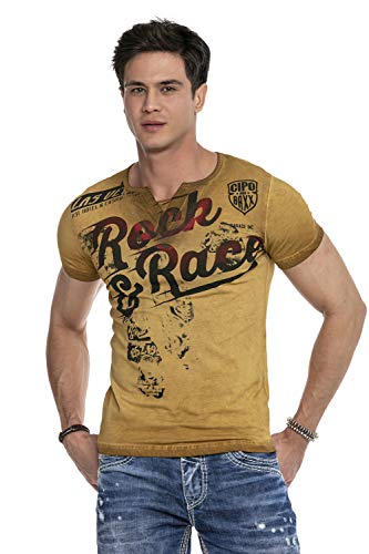 Cipo & Baxx Herren T-Shirt Print Batik Design Kurzarmshirt V-Ausschnitt CT646 Mustard S von Cipo & Baxx