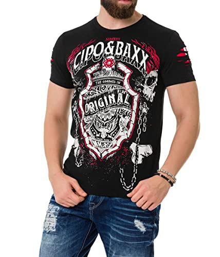 Cipo & Baxx Herren T-Shirt Print Baumwolle Shirt mit Kettenaabzeichen CT772 Schwarz M von Cipo & Baxx