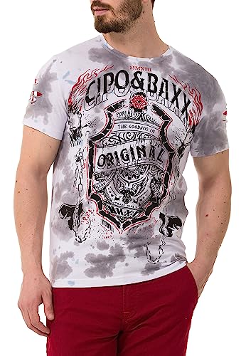 Cipo & Baxx Herren T-Shirt Print Baumwolle Shirt mit Kettenaabzeichen CT772 Weiß XL von Cipo & Baxx