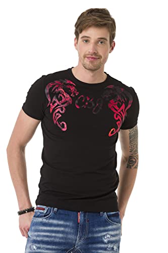 Cipo & Baxx Herren T-Shirt Print Rundhals Kurzarm Baumwolle Freizeitshirt Steinbestickung Shirt CT679 Schwarz S von Cipo & Baxx
