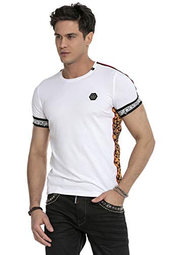 Cipo & Baxx Herren T-Shirt Rundhals Kurzarm Freizeit Shirt Farbstreifen Baumwolle CT622 Weiß XL von Cipo & Baxx