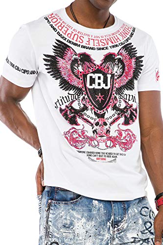 Cipo & Baxx Herren T-Shirt Slim Fit Biker Design Totenkopf Freizeit Shirt Kurzarm Rundhals t-Shirt mit Print und Ziersteinen CT150 Weiß L von Cipo & Baxx