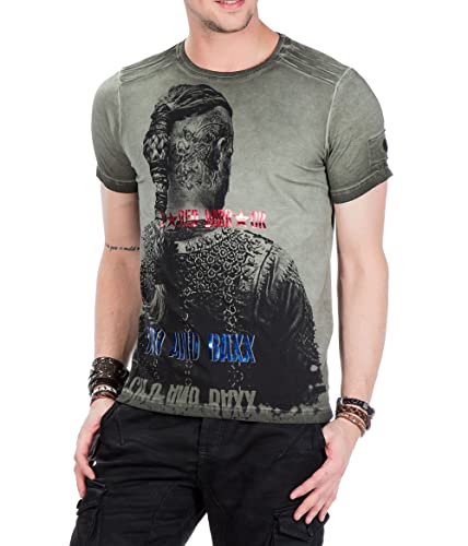 Cipo & Baxx Herren T-Shirt Slim Fit Folienprints Rundhals Baumwolle Kurzarm Shirt CT412 Grün M von Cipo & Baxx