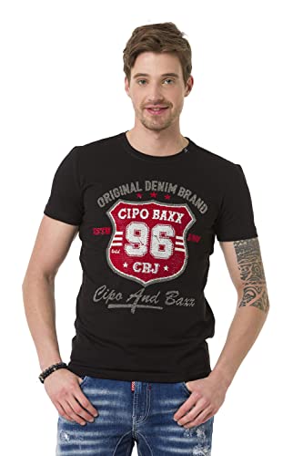 Cipo & Baxx Herren T-Shirt Sportlich Elegant Print Rundhals Kurzarm Strasssteine Freizeitshirt CT670 Schwarz XL von Cipo & Baxx