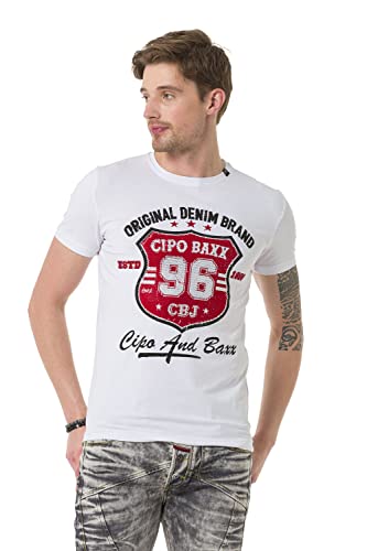 Cipo & Baxx Herren T-Shirt Sportlich Elegant Print Rundhals Kurzarm Strasssteine Freizeitshirt CT670 Weiß L von Cipo & Baxx