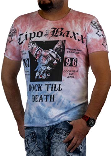 Cipo & Baxx Herren T-Shirt Batik Look Frontprint Rundhalsausschnitt Freizeitshirt Kurzarm CT558 Blau-Pink L von Cipo & Baxx
