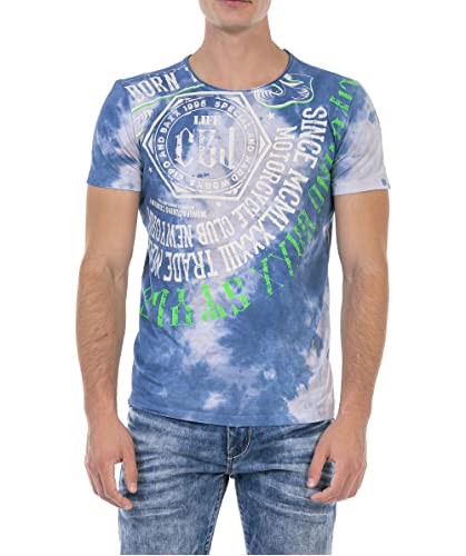 Cipo & Baxx Herren T-Shirt V-Ausschnitt Kurzarm Batik Waschung Regular Fit Sommershirt Print Design CT614 Blau L von Cipo & Baxx