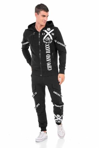Cipo & Baxx Herren Trainingsanzug Sportanzug Sweatsuit Tracksuit Jogger-Set Sweat Jacke Hose Prints Kapuze CLR140 Schwarz L von Cipo & Baxx