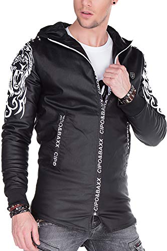 Cipo & Baxx Herren Übergangsjacke Kapuzenjacke Jacke Mantel Casual Tribalmuster CJ187 Schwarz Gr.L von Cipo & Baxx