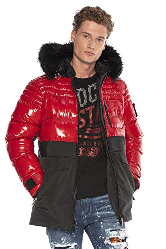 Cipo & Baxx Herren Winterjacke Kapuze Steppjacke Warm Winter Daunen Jacke Glänzend mit Fellkapuze Rot XXL von Cipo & Baxx