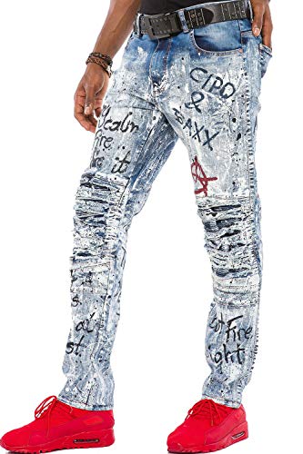 Cipo & Baxx Herren ausgeffallene Destroyed Painted Ripped Straight Fit Jeans Hose Blau W33 L34 von Cipo & Baxx