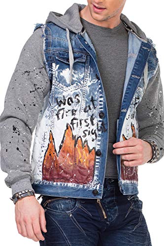 Cipo & Baxx Jeans Jacke Denim Übergangsjacke Biker Jacke Sweatjacke Print Jacket Kapuzenjacke Blau Gr.XL von Cipo & Baxx