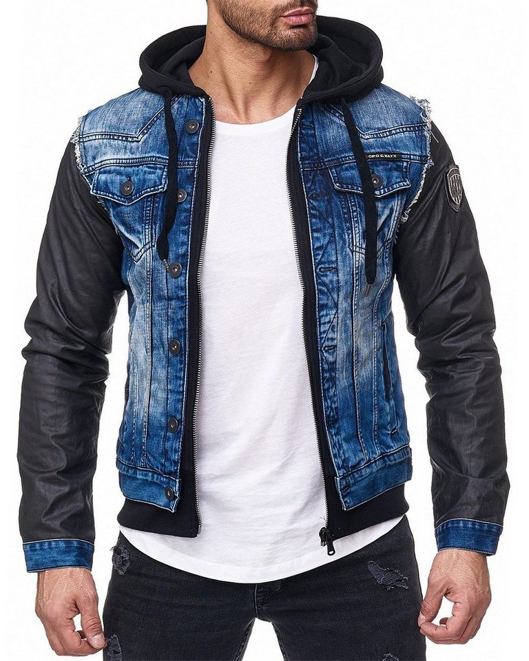 Cipo & Baxx Jeansjacke Herren Regular Fit Bikerjacke Stonewashed BA-C1290 Blue L mit Metall Patch am Oberarm von Cipo & Baxx