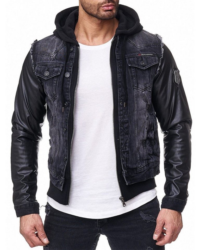 Cipo & Baxx Jeansjacke Kapuzen Denim Jacke BA-C-1290 Schwarz S mit Metall Patch am Oberarm von Cipo & Baxx