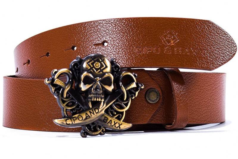 Cipo & Baxx Ledergürtel Herren Gürtel BA-CG146 Taba 100cm x 3,8cm (1-St) mit Totenkopfschnalle und Logo von Cipo & Baxx