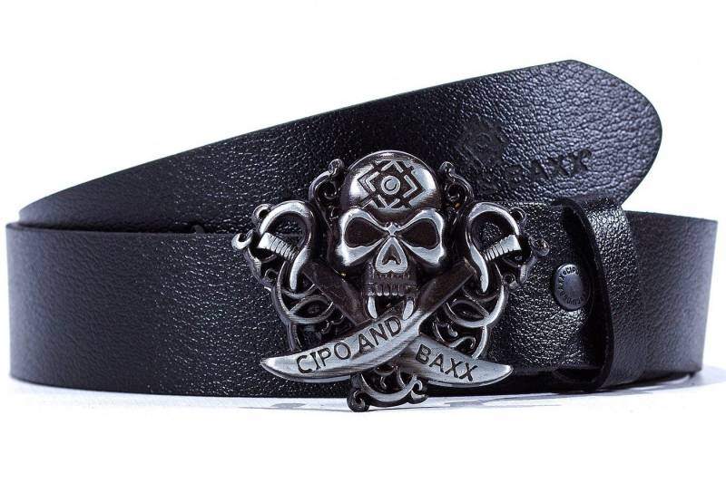 Cipo & Baxx Ledergürtel Herren Gürtel BA-CG146 Black 90cm x 3,8cm (1-St) mit Totenkopfschnalle und Logo von Cipo & Baxx