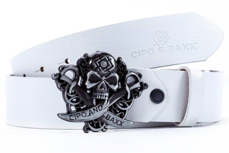 Cipo & Baxx Ledergürtel Herren Gürtel BA-CG146 White 90cm x 3,8cm (1-St) mit Totenkopfschnalle und Logo von Cipo & Baxx
