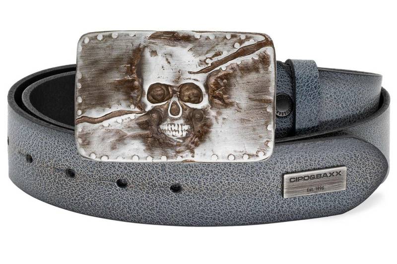 Cipo & Baxx Ledergürtel Herren Gürtel BA-CG170 Smoked Grey 95cm x 3,8cm (1-St) Schnalle mit Schädel-Motiv und Metall Patch von Cipo & Baxx