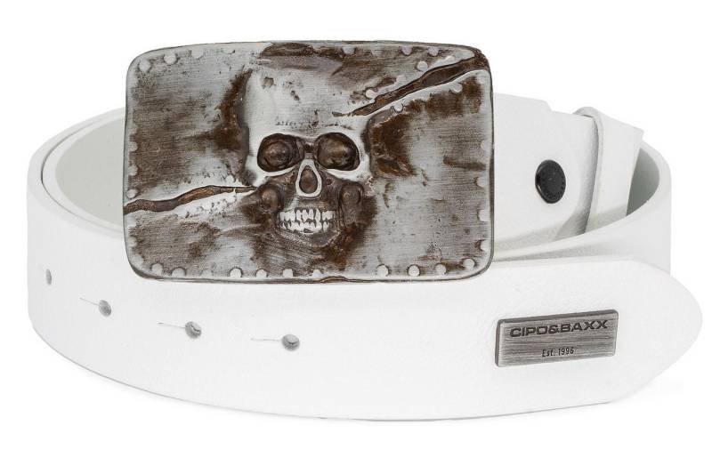 Cipo & Baxx Ledergürtel Herren Gürtel BA-CG170 White 105cm x 3,8cm (1-St) Schnalle mit Schädel-Motiv und Metall Patch von Cipo & Baxx