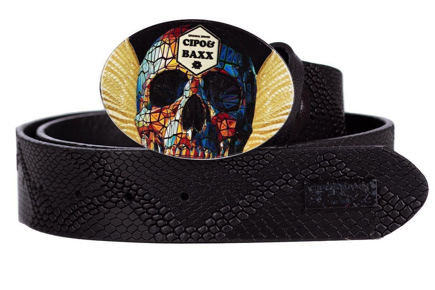 Cipo & Baxx Ledergürtel Herren Gürtel BA-CG202 Black 85cm x 3,8cm (1-St) mit Totenkopfschnalle und Schlangen Optik von Cipo & Baxx