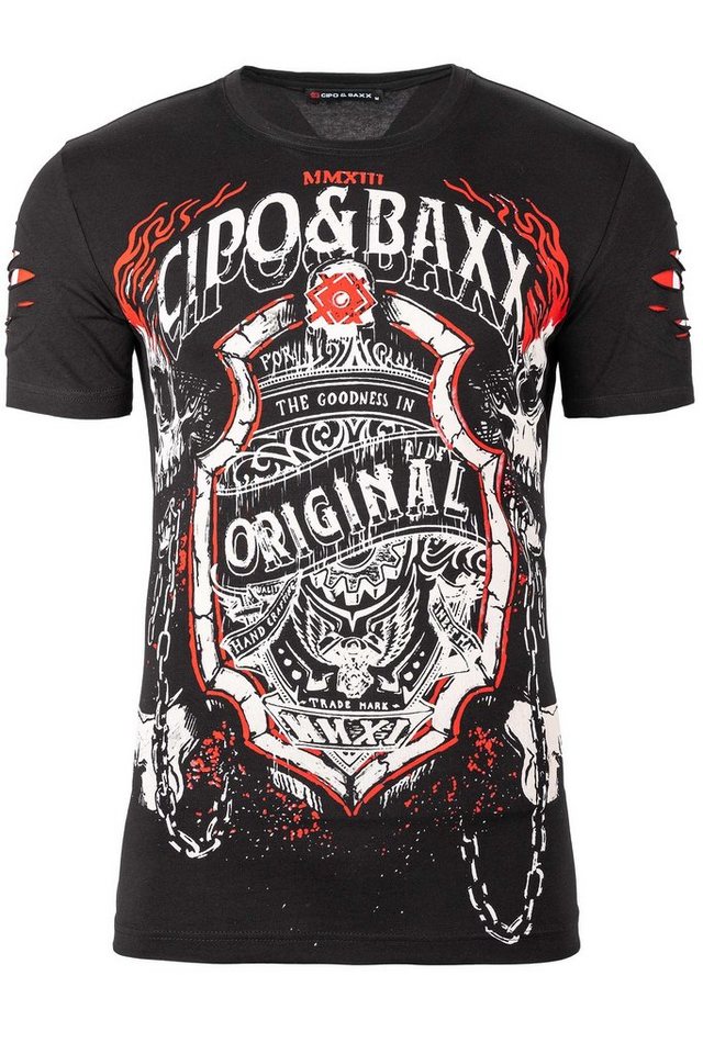 Cipo & Baxx Print-Shirt Herren Regular Fit T-Shirt BA-CT772 Black S im Ghost Rider Style mit Totenkopf von Cipo & Baxx