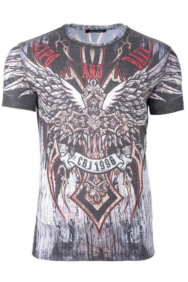 Cipo & Baxx Print-Shirt Herren Slim Fit T-Shirt BA-CT746 Grey S mit Coolem Wings Kreuz Print von Cipo & Baxx