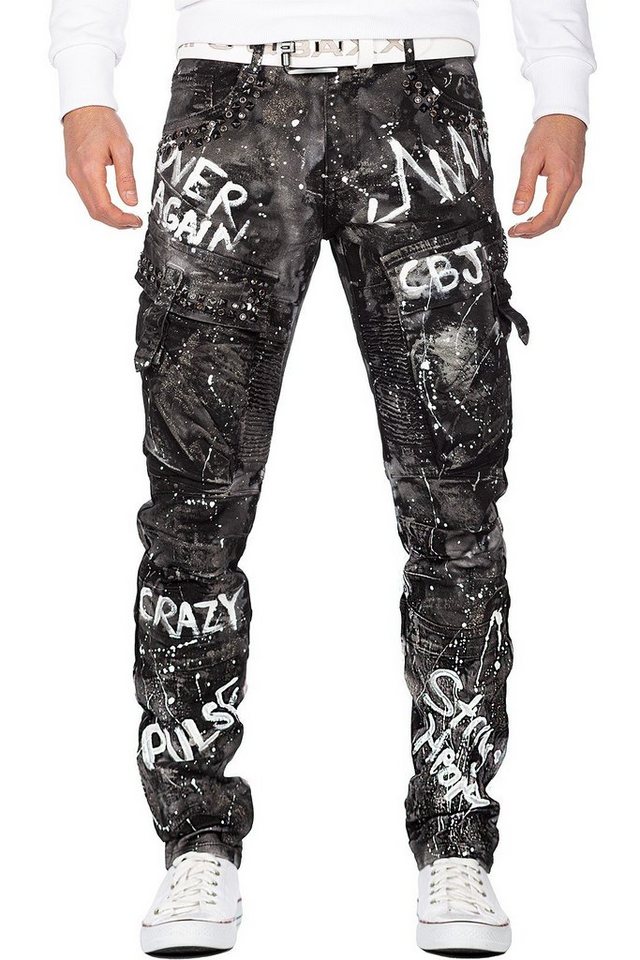 Cipo & Baxx Regular-fit-Jeans Biker Hose BA-CD572 Schwarz W29/L32 (1-tlg) Schwarz mit Glitzereffekt und Cargo von Cipo & Baxx